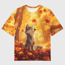 Мужская футболка оверсайз Волчонок в осеннем лесу