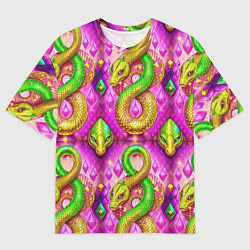 Мужская футболка оверсайз Желто-зеленые змеи паттерн