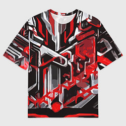 Мужская футболка оверсайз Красно-белая агрессивная абстракция на чёрном фоне