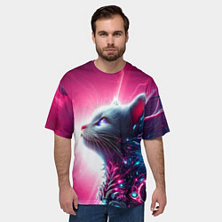 Футболка оверсайз мужская Космический кибер котёнок - неоновое свечение, цвет: 3D-принт — фото 2