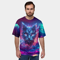Футболка оверсайз мужская Морда космического кота - неоновое свечение, цвет: 3D-принт — фото 2