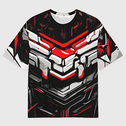 Мужская футболка оверсайз Красно-белая агрессивная абстракция на чёрном фоне