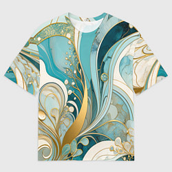 Футболка оверсайз мужская Бирюзовый с белым растительный узор в мягких тонах, цвет: 3D-принт