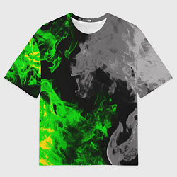 Мужская футболка оверсайз Зелёный и чёрный огонь