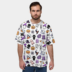 Футболка оверсайз мужская Кавайный хэллоуин - призраки и черепа на белом фон, цвет: 3D-принт — фото 2