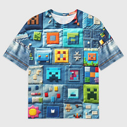 Мужская футболка оверсайз Minecraft на пэчворк дениме