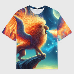 Футболка оверсайз мужская Огнедышащий крылатый лев - неоновое свечение, цвет: 3D-принт