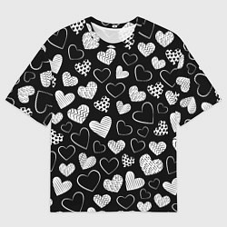 Мужская футболка оверсайз Белые сердечки на черном фоне