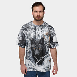 Футболка оверсайз мужская Черный лис в заснеженном лесу, цвет: 3D-принт — фото 2