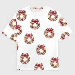 Мужская футболка оверсайз Много новогодних пончиков с бантиком и ягодами