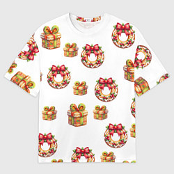 Мужская футболка оверсайз Много новогодних пончиков и подарков с бантиком и
