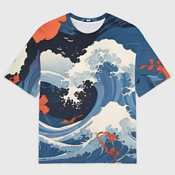 Мужская футболка оверсайз Япония волны алые цветы