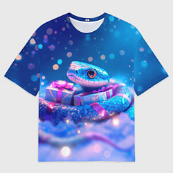 Футболка оверсайз мужская Новогодняя змейка с подарком, цвет: 3D-принт