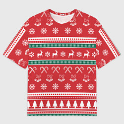 Мужская футболка оверсайз Новогодний паттерн с оленями снежинками леденцами
