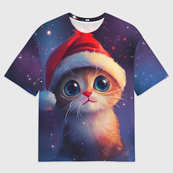 Футболка оверсайз мужская Котик новогодний в шапочке, цвет: 3D-принт