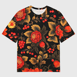 Мужская футболка оверсайз Русская хохлома, цветы, паттерн