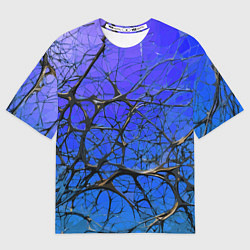 Мужская футболка оверсайз Чёрные волокна и синий фон абстракция