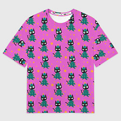 Мужская футболка оверсайз Черный кот в костюме новогодней елки паттерн