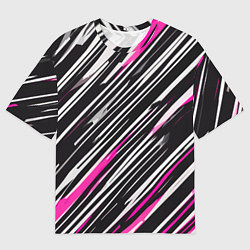 Мужская футболка оверсайз Диагональные розово-белые полосы на чёрном фоне