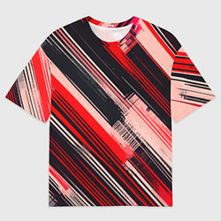 Мужская футболка оверсайз Красные диагональные полосы на чёрном фоне