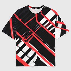 Мужская футболка оверсайз Красно-белые линии на чёрном фоне