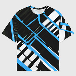 Мужская футболка оверсайз Сине-белые линии на чёрном фоне