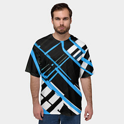 Футболка оверсайз мужская Сине-белые линии на чёрном фоне, цвет: 3D-принт — фото 2