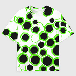 Мужская футболка оверсайз Чёрно-зелёные шестиугольники на белом фоне