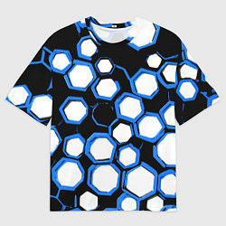 Мужская футболка оверсайз Бело-синие шестиугольники на чёрном фоне