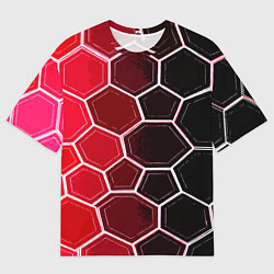 Мужская футболка оверсайз Белые шестиугольники на чёрно-красном фоне