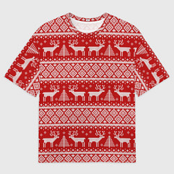Мужская футболка оверсайз Вязаный новогодний орнамент с оленями и ёлками