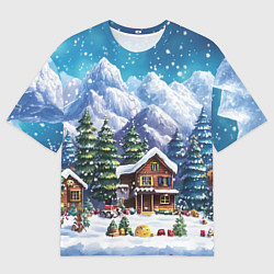 Мужская футболка оверсайз Дома в зимнем новогоднем пейзаже
