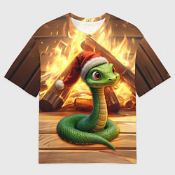 Мужская футболка оверсайз Зеленая новогодняя змея 2025 года
