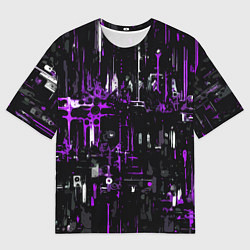 Мужская футболка оверсайз Бело-фиолетовая тревожная абстракция на чёрном фон