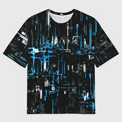 Футболка оверсайз мужская Бело-синяя тревожная абстракция на чёрном фоне, цвет: 3D-принт