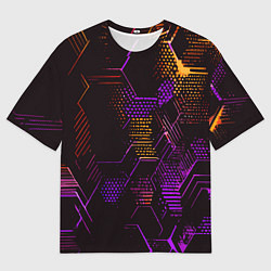 Мужская футболка оверсайз Жёлто-фиолетовые точки и линии на чёрном фоне