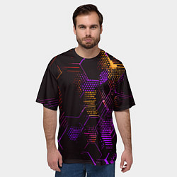 Футболка оверсайз мужская Жёлто-фиолетовые точки и линии на чёрном фоне, цвет: 3D-принт — фото 2
