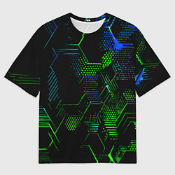Футболка оверсайз мужская Сине-зелёные точки и линии на чёрном фоне, цвет: 3D-принт