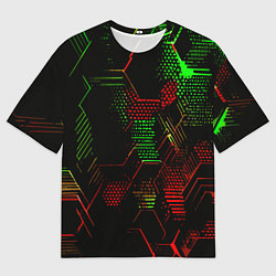 Мужская футболка оверсайз Красно-зелёные точки и линии на чёрном фоне