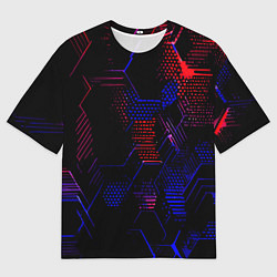 Футболка оверсайз мужская Красно-синие точки и линии на чёрном фоне, цвет: 3D-принт