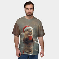 Футболка оверсайз мужская Новогодняя выдра с кружкой кофе, цвет: 3D-принт — фото 2