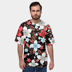 Футболка оверсайз мужская Красно-белые цветы на чёрном фоне, цвет: 3D-принт — фото 2
