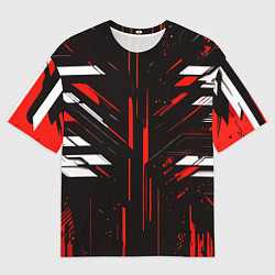 Мужская футболка оверсайз Красно-белые полосы и точки на чёрном фоне