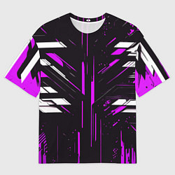 Мужская футболка оверсайз Фиолетово-белые полосы и точки на чёрном фоне