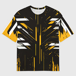 Мужская футболка оверсайз Жёлто-белые полосы и точки на чёрном фоне