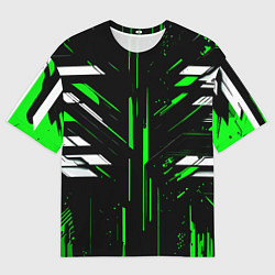 Мужская футболка оверсайз Зелёно-белые полосы и точки на чёрном фоне