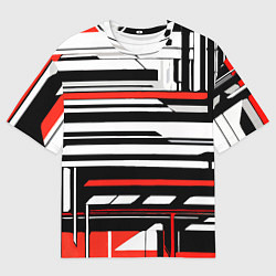 Мужская футболка оверсайз Красно-белые технологические линии на чёрном фоне