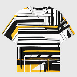 Мужская футболка оверсайз Жёлто-белые технологические линии на чёрном фоне
