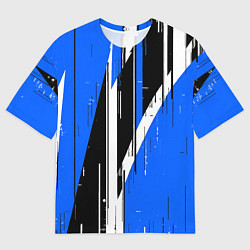 Мужская футболка оверсайз Чёрно-белые вертикальные полосы на синем фоне