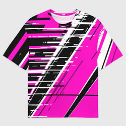 Мужская футболка оверсайз Чёрно-белые глитч полосы на розовом фоне